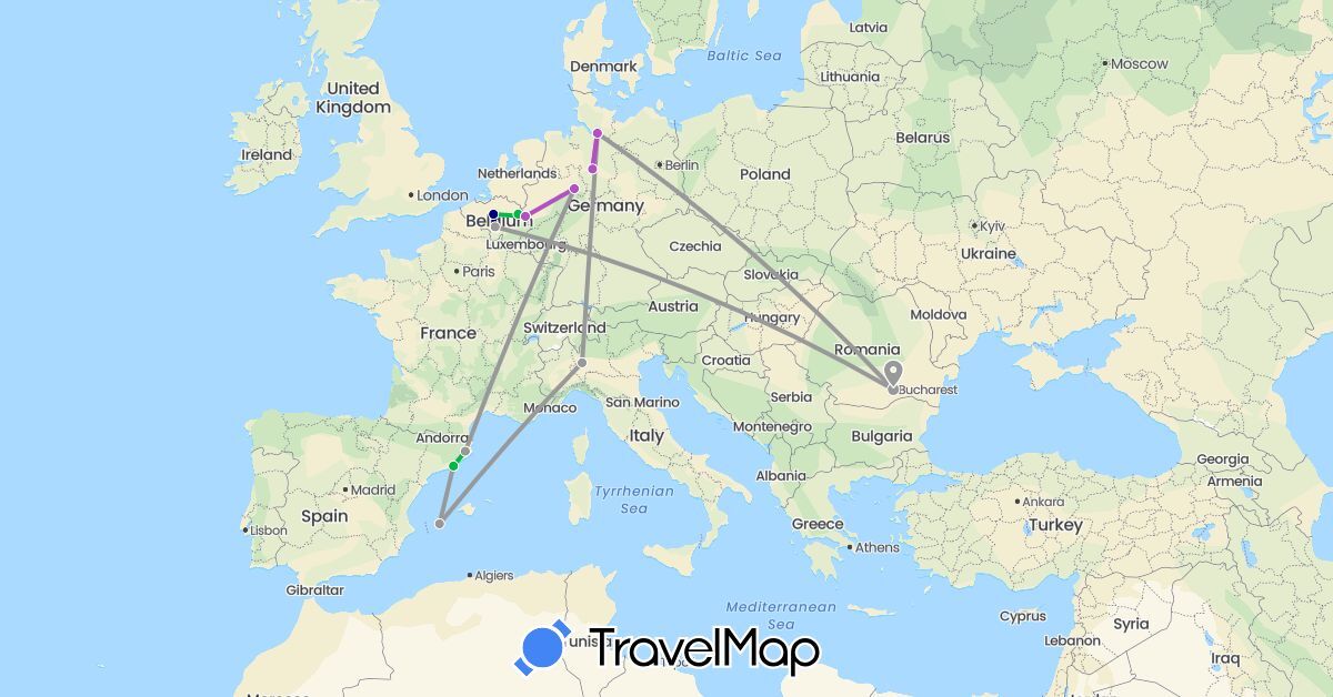TravelMap itinerary: driving, bus, plane, train in Belgium, Germany, Spain, Italy, Romania (Europe)